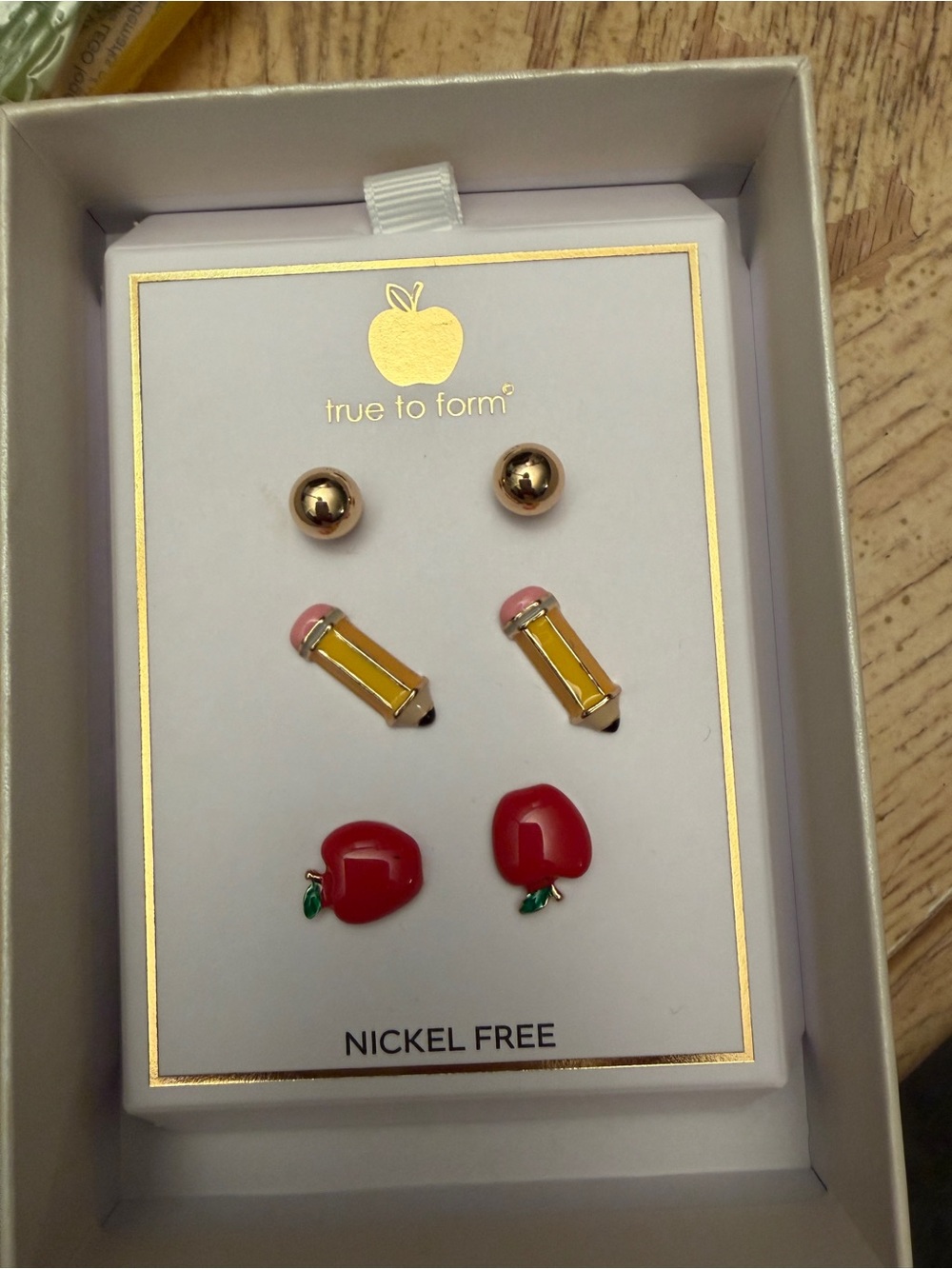 Teacher themed Nickel-Free Earring Set — Red Apple, Yellow Pencil & Gold Stud